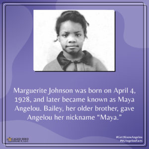 Marguerite Johnson was born on April 4, 1928, and later became known as Maya Angelou. Bailey, her older brother, gave Angelou her nickname "Maya."