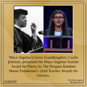 Maya Angelou's Great Granddaughter, Caylin Johnson, presented the Maya Angelou Teacher Award for Poetry by The Penguin Random House Foundation's 2016 Teach Awards for Literacy